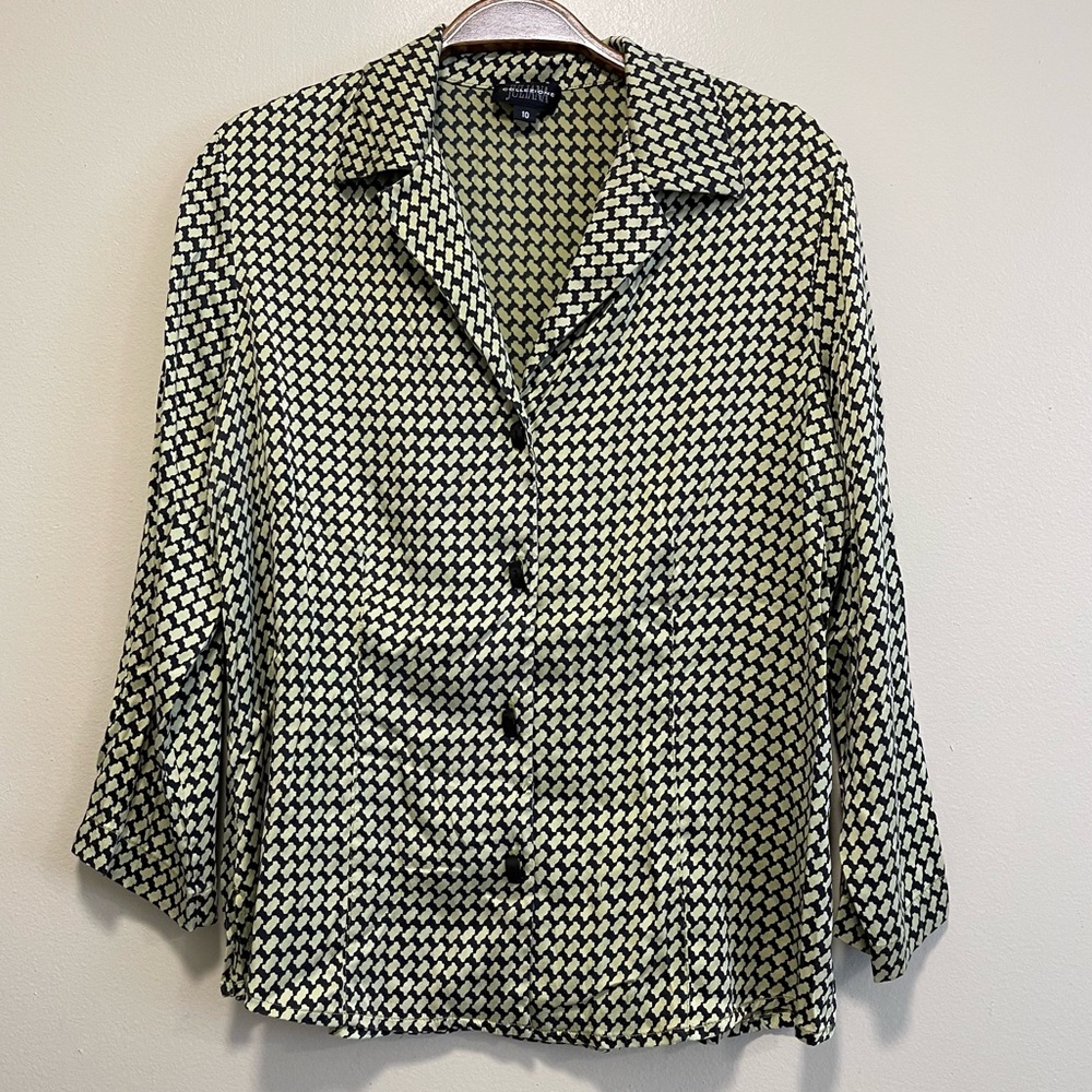 Vintage Juliana Collezione Geometric Lime Green Button Front Blouse